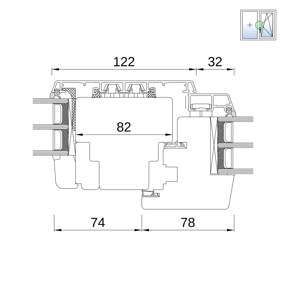 Idealu Classicline IV 78 Festverglasung mit Flügel Profilschnitt