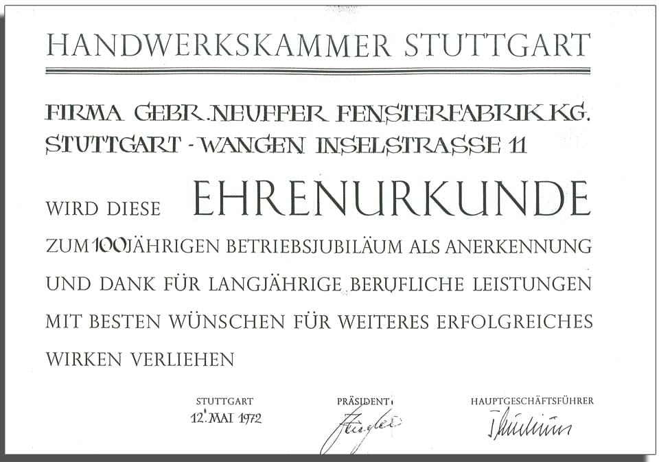 Ehrenurkunde Handwerkskammer Stuttgart