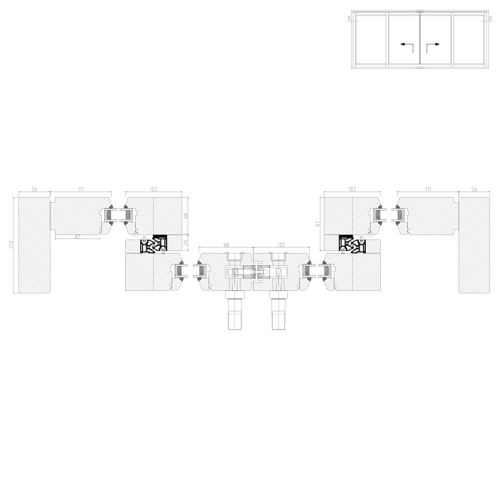 Hebeschiebetür Holz IV 68 Schema C Horizontalschnitt