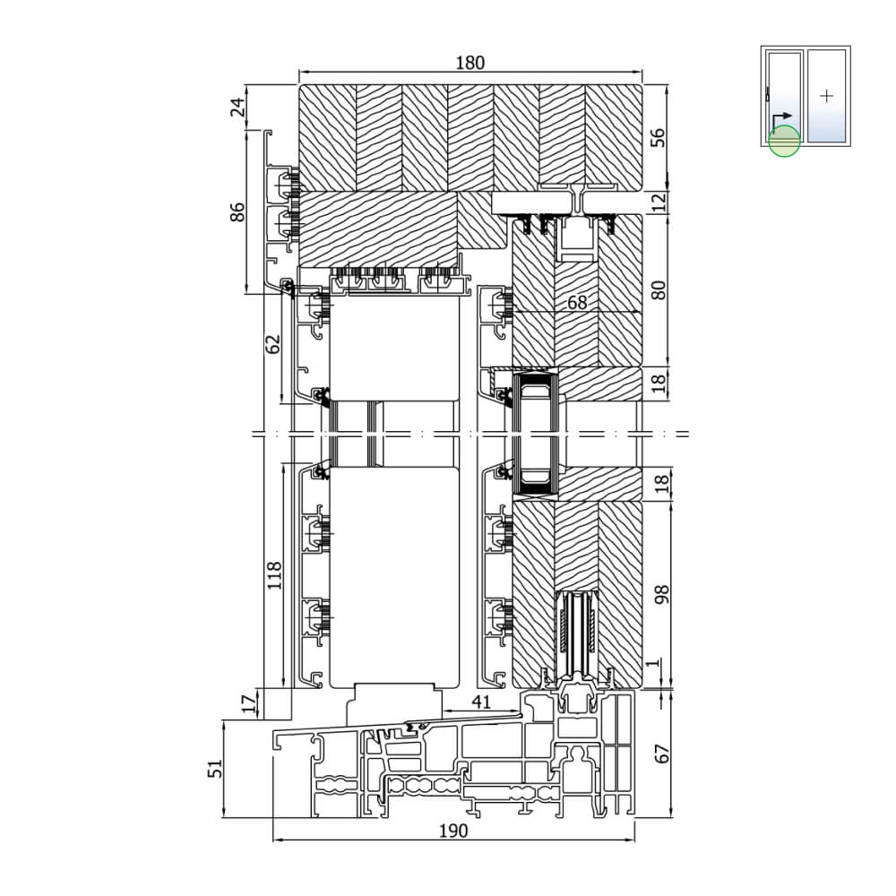 Hebeschiebetür Idealu IV68 Schema A Höhenschnitt mit 67mm Schwelle