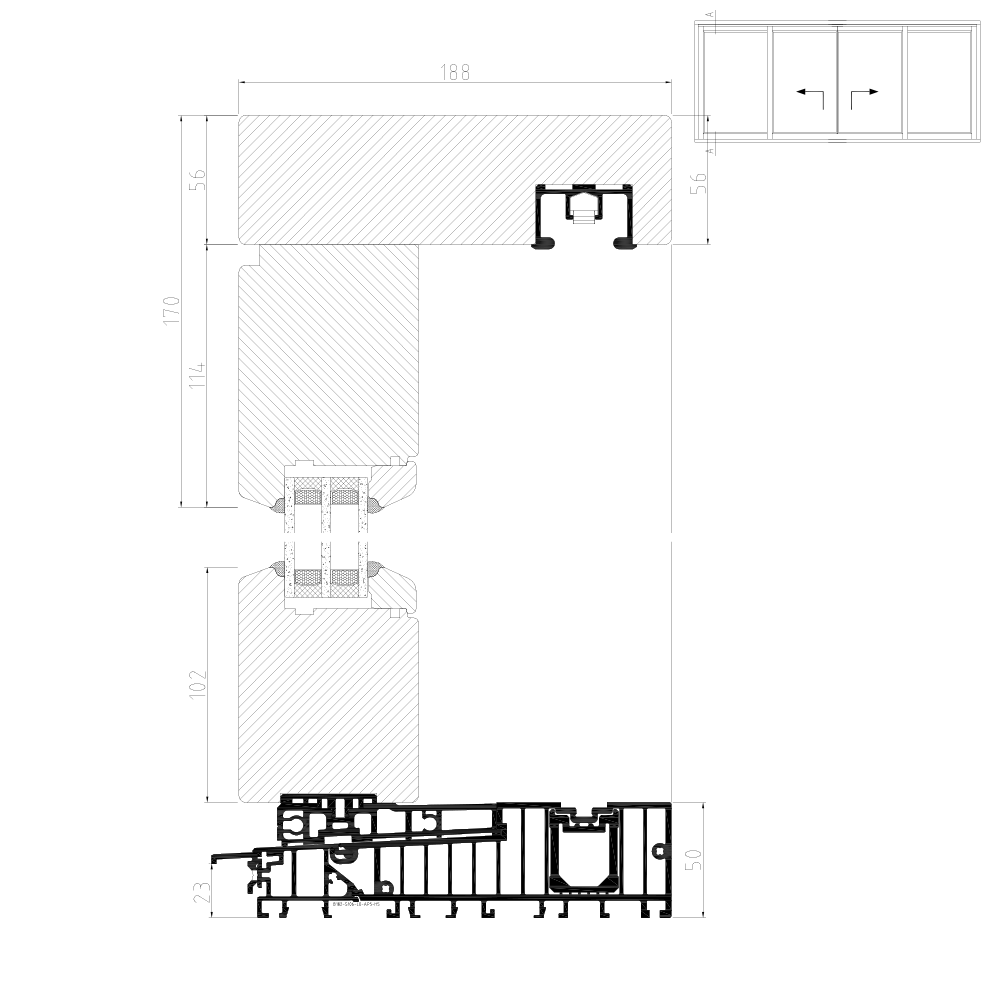 Hebeschiebetür Holz IV 78 Schema C Mittelstoß