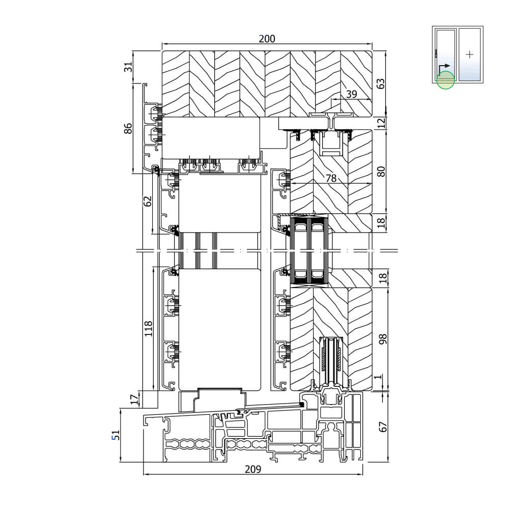 Hebeschiebetür Idealu IV78 Schema A Höhenschnitt mit 67mm Schwelle
