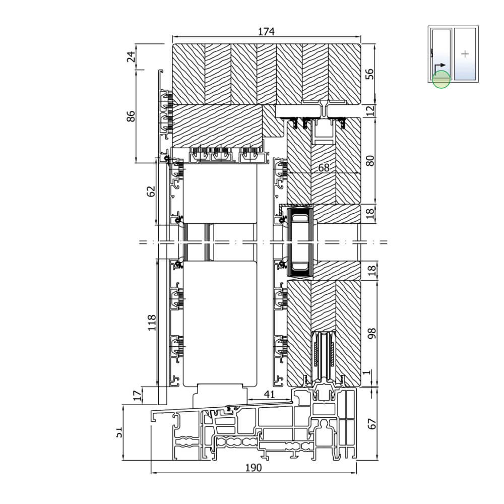 Hebeschiebetür Holz-Alu Plano Schema A Höhenschnitt mit 67mm Schwelle