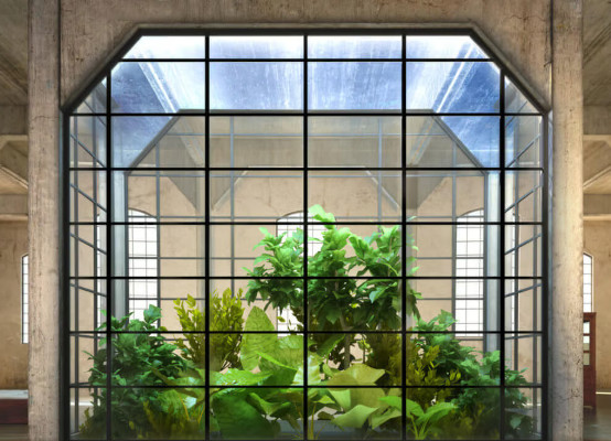Innenliegende Fensterwand mit Atrium